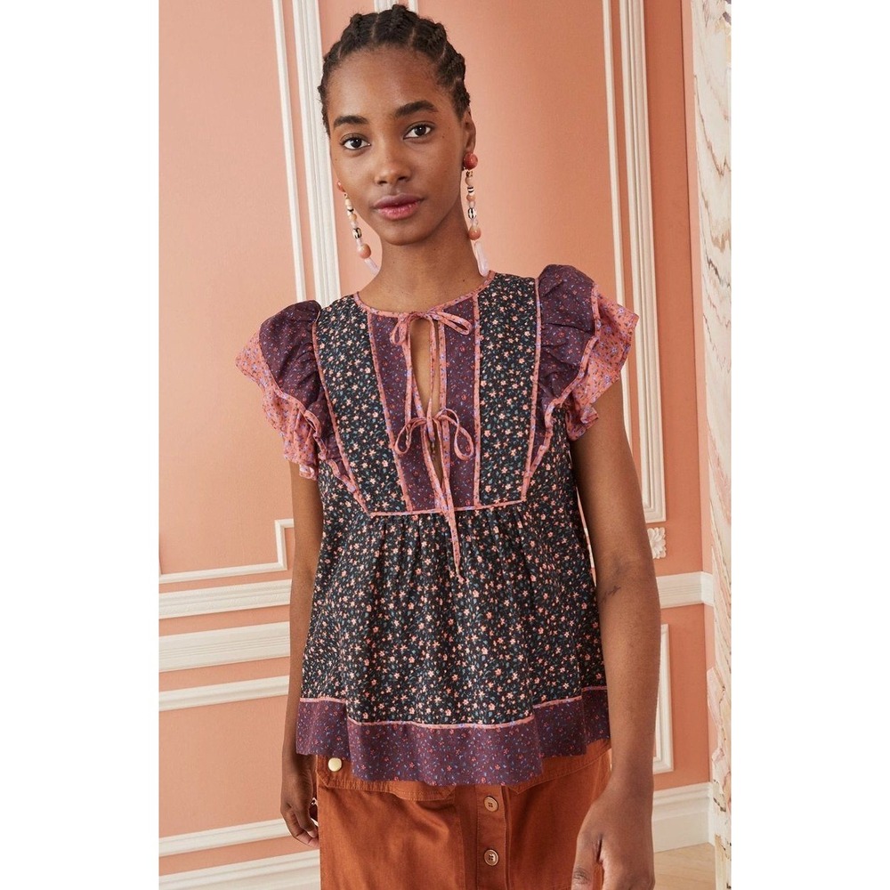Ulla Johnson Cora Top Auburn Palette Mixed Floral Ruffle Puff Sleeve Blouse Sz 2